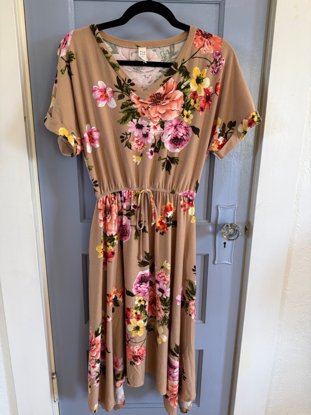 Beige Floral V-Neck Drawstring Midi Dress